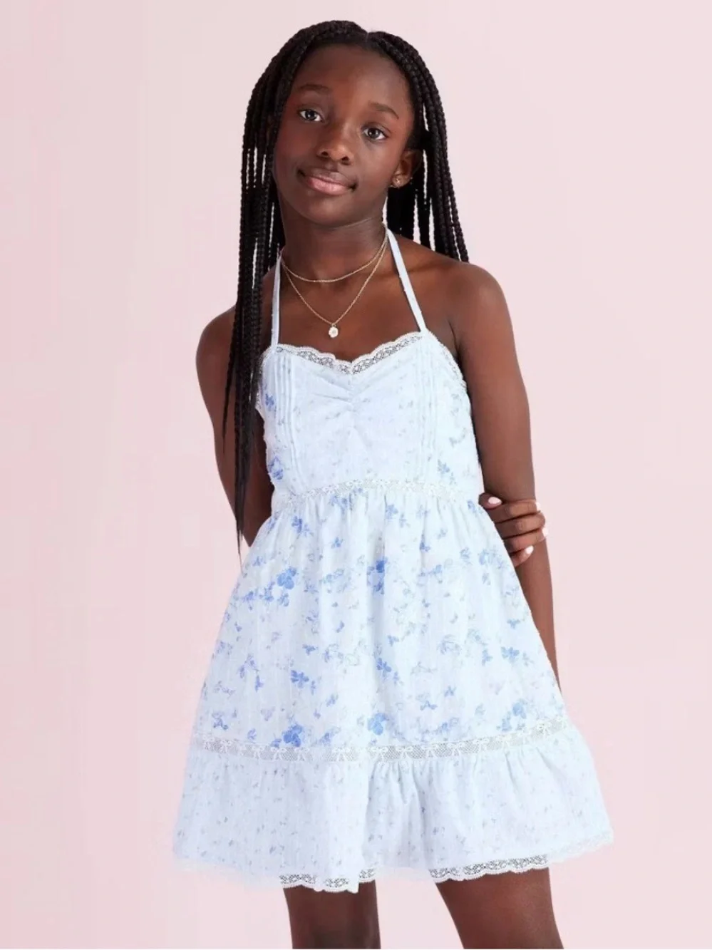 LoveShackFancy Girls' Annabelle Budding Florals Halter Dress -  Blue 12